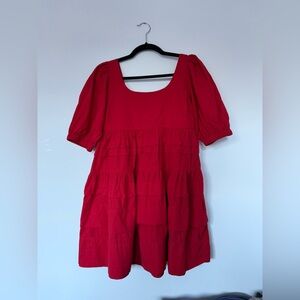 Bali Elf Cotton Scarlet Red Baby Doll Tiered Puff Sleeve Dress